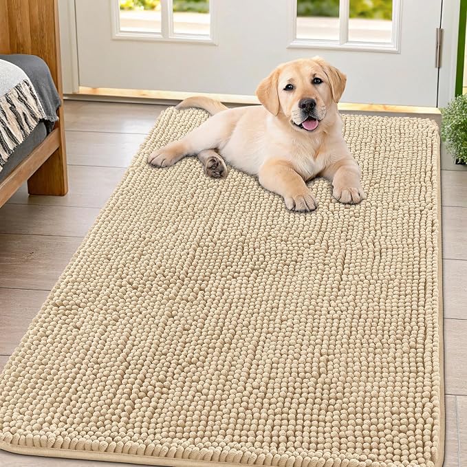 Smiry Dog Door Mat for Muddy Paws 54x32, Absorbent Dirt Trapper, Non-Slip Washable Chenille Entryway Rug for Inside Floor, Beige, Classic Solid
