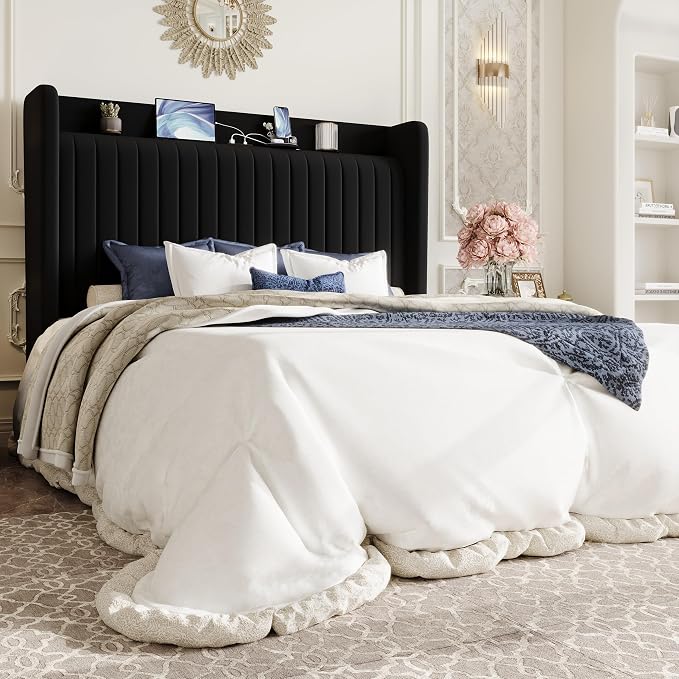 SHA CERLIN Queen Size Velvet Bed Frame with Shelf, Charging Station, Black | Wingback Storage Headboard, Upholstered Platform Bed, Wooden Slats Support, No Box Spring Needed, Easy Assembly, Noise Free