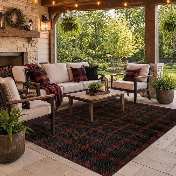 5x7 Farmhouse Mudroom Rug – Washable Non Slip Large Entryway Area Rug for Back Door, Garage Entrance, Durable Indoor Outdoor Style Plaid Rug for Kitchen Dining Room, Dark Brown