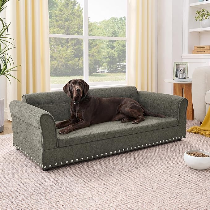 55" Dog Sofa for Medium to Large Dogs, Button Tufted Dog Couch Bed with Backrest and Armrests, Durable Memory Foam Pet Bed, Removable Cushion for Medium and Large Dogs, Dark Grey