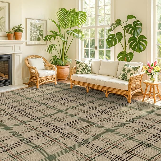 JTJ Easy Jute Plaid Outdoor Rug 8x10, Washable Indoor Outdoor Area Rug for Patio, Porch, Deck, Dining Room, Non Slip Farmhouse Tartan Rug in Sage Green and Beige