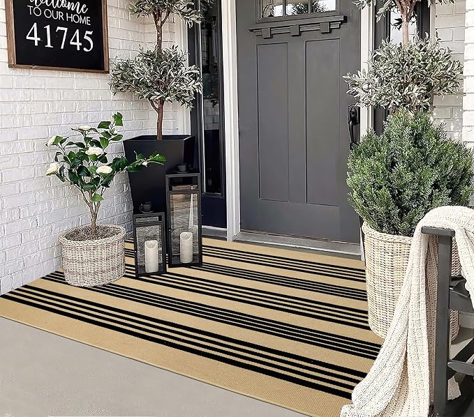 Black and Khaki Outdoor Rugs 3'x5', Washable Striped Porch Rugs Cotton Woven Indoor Outdoor Layered Door Mats Small Area Rug for Home Entrace Decor/Bedroom/Entryway