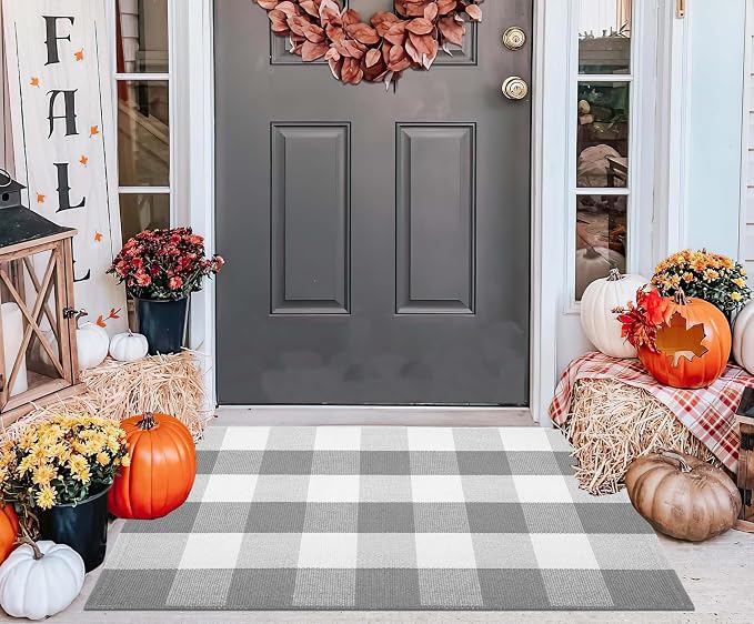 Door Mats Outdoor 24''X35'' Buffalo Plaid Front Porch Rug Cotton Woven Washable Outdoor Rug Small Area Rug for Welcome Door Mat Entryway Dining Room Bedroom Living Room