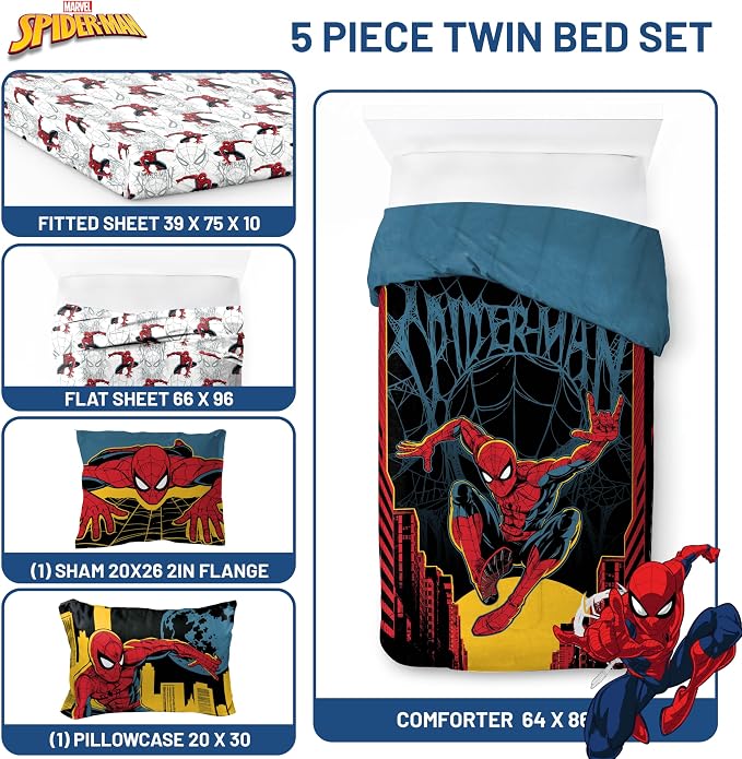 Jay Franco Kids Comforter Set Includes Sheets and Pillow Covers - Soft and Cozy Bed Set for Stylish Room Decor, Official Licensed Bedding, Black - Spiderman, 5 Piece Twin