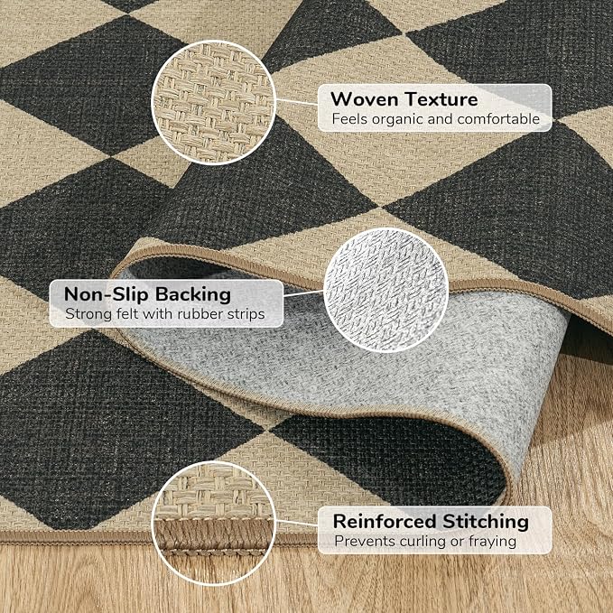 Lessymo Checkered Easy Jute 5x7 Rugs, Washable Patio Rug for Living Room | Farmhouse Indoor Outdoor Carpet, Non Slip for Bedroom Backyard Dining Room, Stain Resistant, Geometric Diamond Black/Beige