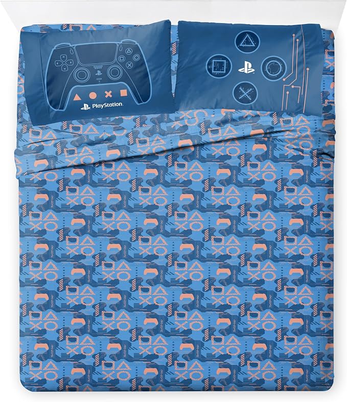 Jay Franco Kids Bed Set, Blue, PlayStation, 7 Piece Full | Cozy Soft Bedding for Stylish Room Décor with Comforter, Sheets & Pillow Covers