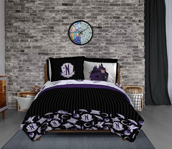 Wednesday Addams Twin Comforter Set 5 Piece Gothic Bedding for Girls, Black | Bed in a Bag, Comforter Sheets Sham Pillowcase, Official Product, Soft Microfiber, Machine Washable, Girls Gift