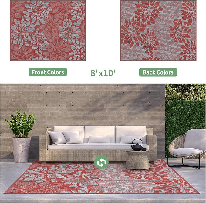 GENIMO Outdoor Rug, Waterproof Plastic Rugs for Patio, 8'x10' Red Grey | Outside Larger Leaf Carpet Mat for Porch Decor, Deck, Balcony, Camping, RV, Backyard, Picnic, Beach, Reversible, Foldable