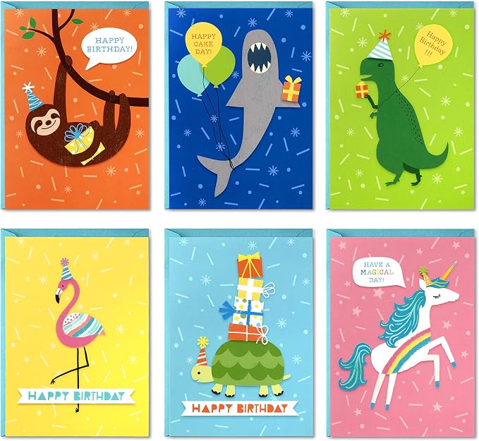 Hallmark Birthday Cards for Kids Assortment, 48 Cards with Envelopes (Dinosaurs, Sloths, Unicorns, Flamingos, Turtles, Sharks) & Birthday Cards Assortment, 24 Cards