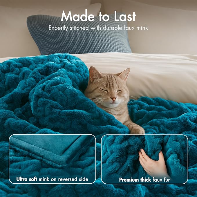 Madison Park Ruched Faux Fur Luxury Throw Teal 50*60 Premium Soft Cozy Brushed Long Faux Fur For Bed, Coach or Sofa | Luxury, Premium, Soft Cozy Brushed Long Pile, All Season Plush Modern OEKO- TEX Certification Warm For Bed, Couch or Sofa
