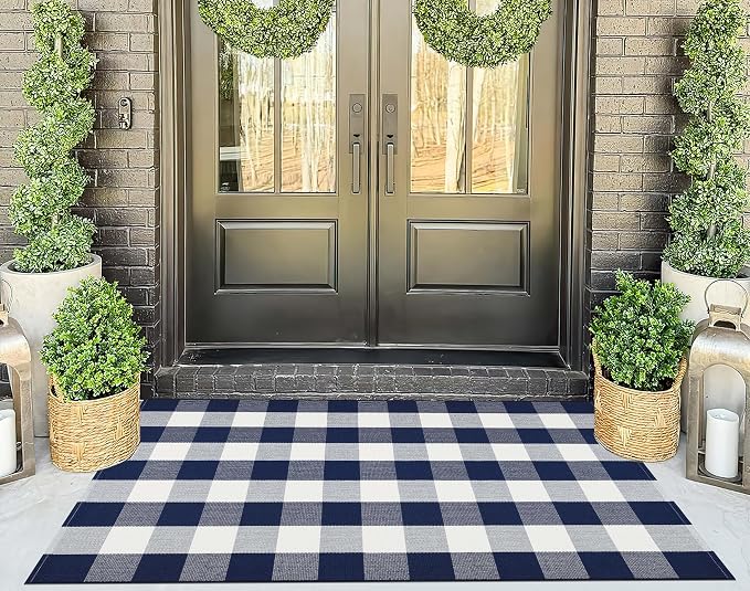 Blue and White Outdoor Rug 3'X 5' Buffalo Plaid Porch Rug Cotton Woven Washable Indoor Outdoor Area Rug for Welcome Door Mat Front Porch Entryway Bedroom Living Room
