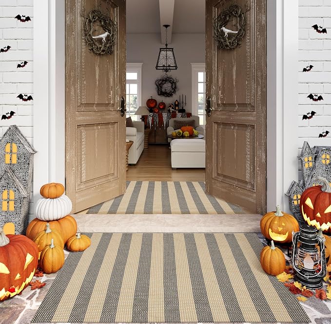 OJIA Tan Washable Outdoor Rugs 3'x5' Front Door Mat Porch Rug Patio Decor | Cotton Woven Doormat Indoor Outdoor Rugs Striped Entryway Rugs Small Outdoor Door Mats Outside Entrance for Kitchen Entry