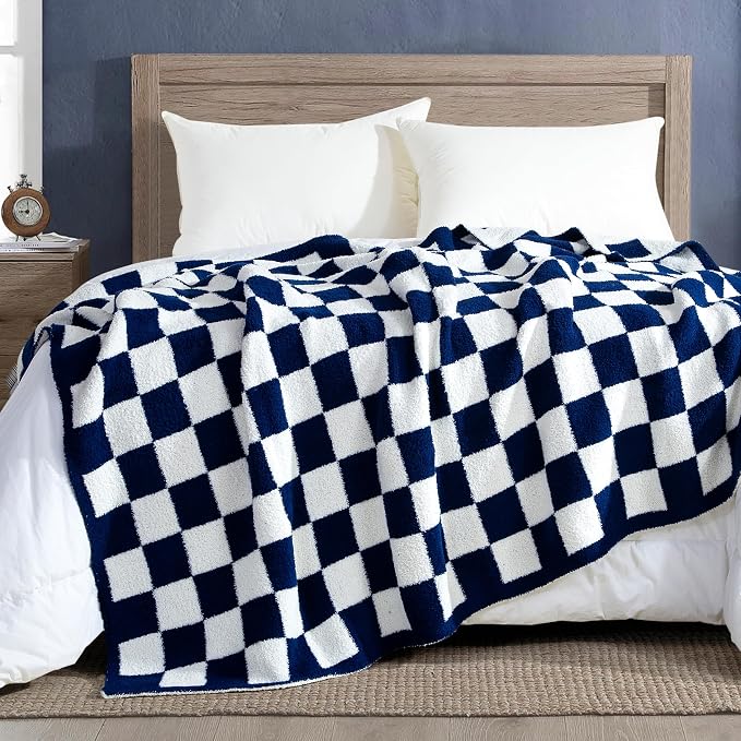 Elegant Comfort Checkered Throw Blanket, Navy Blue Super Soft Cozy Fluffy Warm Throw Blankets for Couch, Sofa, Chair, Bed, Camping, Picnic, Travel Lightweight Bed Blanket (50" x 70")