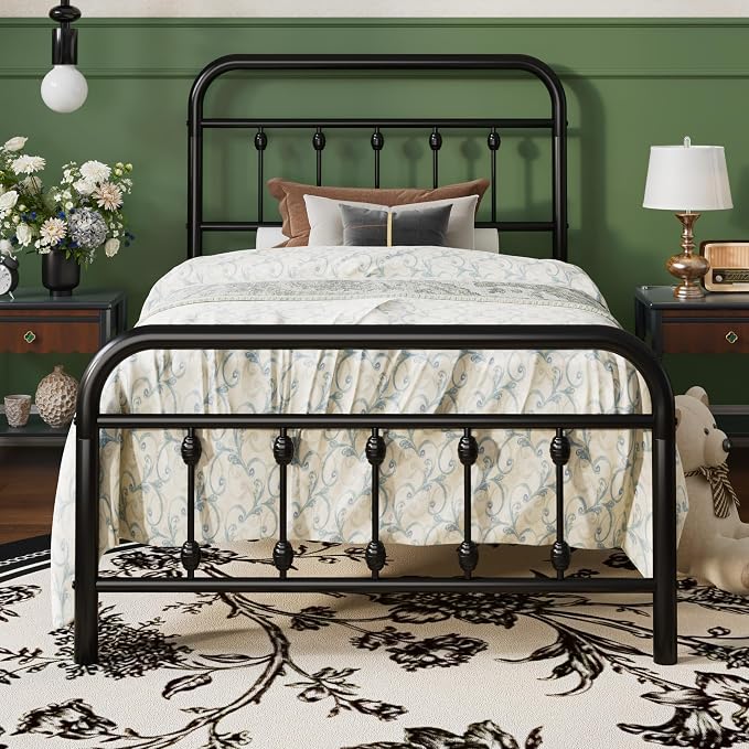 SHA CERLIN Twin Metal Bed Frame with Victorian Iron-Art Headboard, Black | Victorian Iron-Art Headboard and Footboard, Easy Assembly, Under Bed Storage, No Box Spring Required