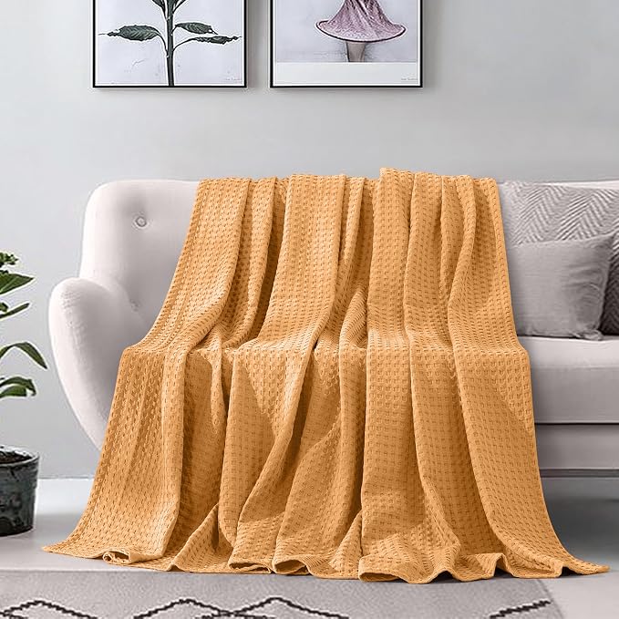 Elegant Comfort Premium 100% Cotton Waffle Blanket - Lightweight Breathable Waffle Weave Bed Blanket - Soft and Warm All Season Blanket for Couch, Sofa and Bed, Queen Size 90x90 Inches, Gold