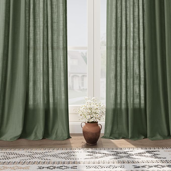 Nanspring 70 Inches Wide Olive Green Linen Curtains for Living Room 2 Panels Set 96 Inch Length Back Tab Light Filtering and Breathability Semi Sheer Curtain for Bedroom 70x96