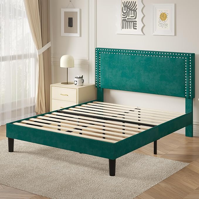 VECELO Full Size Platform Bed Frame with Height Adjustable Upholstered Headboard, Modern Mattress Foundation,Strong Wood Slat Support, No Box Spring Needed, Easy Assembly,Dark Green