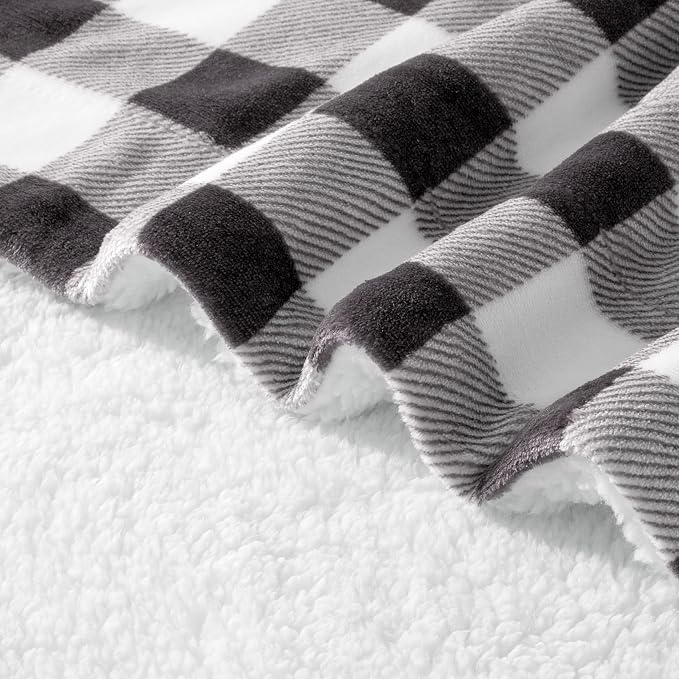 Elegant Comfort Luxury Ultra-Plush Velvet Touch Buffalo Plaid Fleece Throw - Soft, Warm, Cozy Micromink Sherpa-Backing Reversible Blanket for Bed, Sofa and Couch, Buffalo Gray