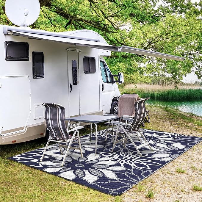 GENIMO Outdoor Rug, Waterproof Plastic Rugs for Patio, 6'x9' Sapphire White | Outside Larger Leaf Carpet Mat for Porch Decor, Deck, Balcony, Camping, RV, Backyard, Picnic, Beach, Reversible, Foldable