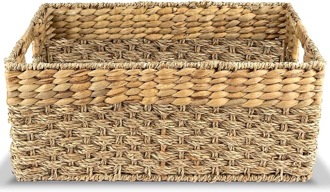 Large Wicker Storage Baskets with Handles, 17 x 11 x 7.5 Inches | Natural Seagrass and Hyacinth, Woven Storage Basket, For Organizing Shelves, Closet, Pantry, Living Room