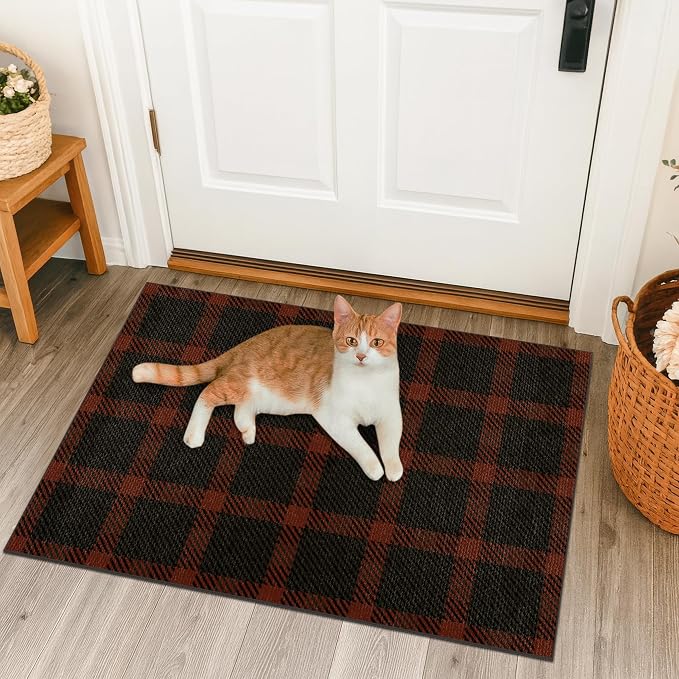 2x3 Entryway Door Mat Indoor – Washable Non Slip Small Rug for Front Door, Kitchen Sink, Mudroom, Garage Entry, Low Profile Easy Clean Farmhouse Plaid Floor Mat