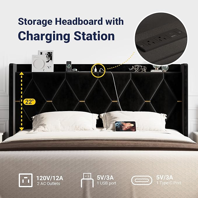 Allewie King Size Bed Frame with Storage Headboard & Charging Station | Diamond Tufted Design & Gold Trim, Velvet Upholstered Platform Bed, No Box Spring Needed, Easy Assembly, Noise-Free, Black