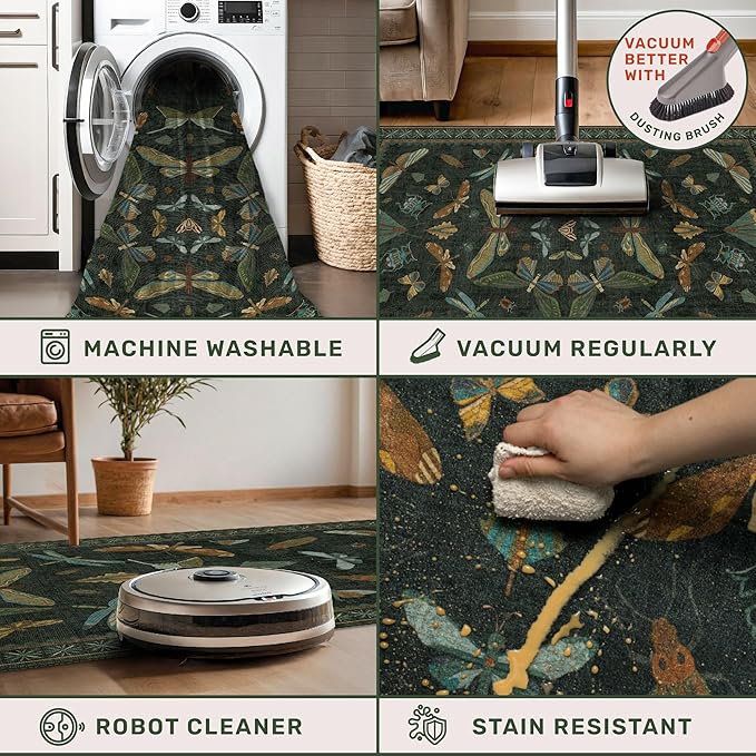 Vintage Dark Green 4ft Round Small Rug for Entryway Indoor - Soft Washable Circle Throw Rugs for Living Room, Home Office, Reading Corner, Insect Stain Resistant Kitchen Carpet, Boho Home Décor