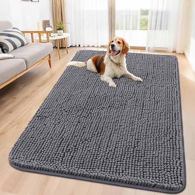 Smiry Dog Door Mat for Muddy Paws 59x35, Absorbent Dirt Trapper, Non-Slip Washable Chenille Entryway Rug for Inside Floor, Dark Grey, Classic Solid