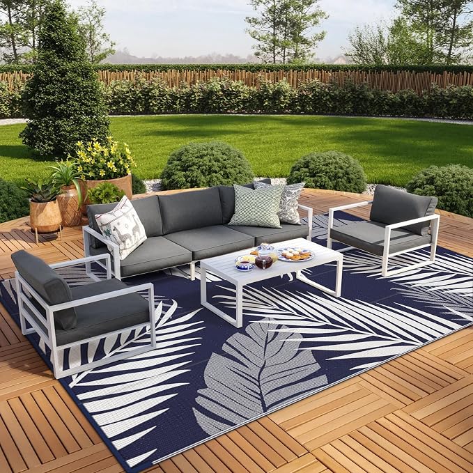GENIMO Outdoor Rug, Waterproof Plastic Rugs 10'x14' for Camping Blue White | Outside Larger Leaf Carpet Mat for Porch Decor, Deck, Camping, RV, Backyard, Balcony, Picnic, Beach, Reversible, Foldable