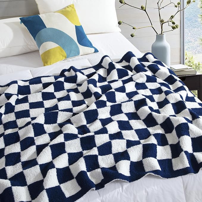 Elegant Comfort Checkered Throw Blanket, Navy Blue Super Soft Cozy Fluffy Warm Throw Blankets for Couch, Sofa, Chair, Bed, Camping, Picnic, Travel Lightweight Bed Blanket (50" x 70")