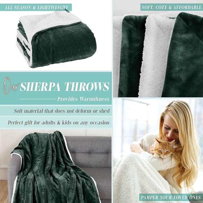 Elegant Comfort Throw Blanket, Reversible Sherpa Flannel, Ultra-Soft, Fuzzy, Cozy and Plush- All Season Lightweight Decorative Throw, 50 x 60 inches, Solid Sherpa Throw, Hunter Green