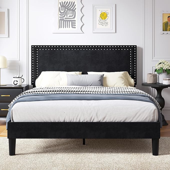 VECELO Full Size Platform Bed Frame with Height Adjustable Upholstered Headboard, Modern Mattress Foundation,Strong Wood Slat Support, No Box Spring Needed, Easy Assembly,Black