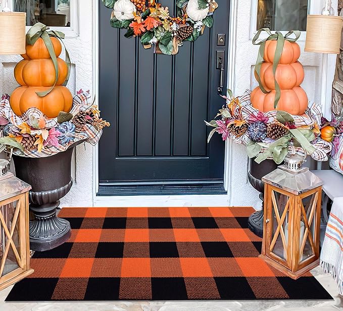 Fall Layered Doormat 24''x35'' Orange and Black Farmhouse Porch Mat Cotton Woven Washable Outdoor Rug for Layering Rug,Fall,Halloween,Kitchen,Farmhouse,Entryway