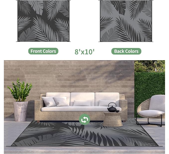 GENIMO Outdoor Rug, Waterproof Plastic Rugs for Patio, 8'x10' Black Grey | Outside Larger Leaf Carpet Mat for Porch Decor, Deck, Balcony, Camping, RV, Backyard, Picnic, Beach, Reversible, Foldable