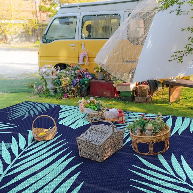 GENIMO Outdoor Rug, Waterproof Plastic Rugs 10'x14' for Camping Blue Green | Outside Larger Leaf Carpet Mat for Porch Decor, Deck, Camping, RV, Backyard, Balcony, Picnic, Beach, Reversible, Foldable