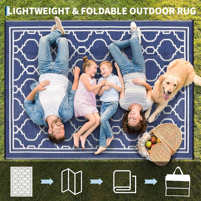 Garvee 8 x 10 Outdoor Rug Waterproof for Patio, Foldable Reversible Plastic Straw Area Rug, Large Mats for Camping, RV, Balcony, Deck, Picnic, Beach, Blue & White