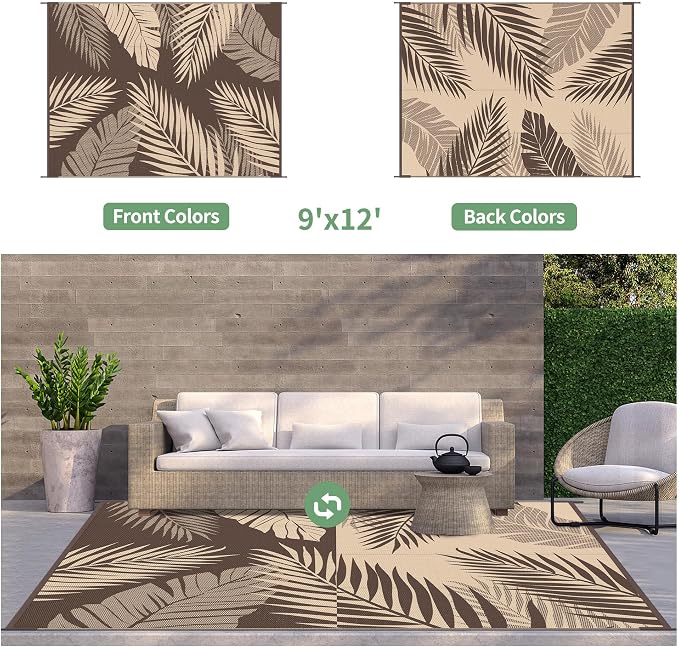 GENIMO Outdoor Rug, Waterproof Plastic Rugs for Patio, 9'x12' Coffee Beige | Outside Larger Leaf Carpet Mat for Porch Decor, Deck, Balcony, Camping, RV, Backyard, Picnic, Beach, Reversible, Foldable