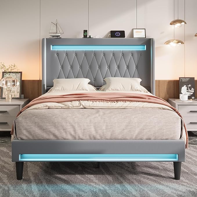 Allewie Queen Size Upholstered Bed Frame with LED & Charging Station, Gray | Customizable LED lights, charging station, tufted wingback headboard, noise-reducing support, and no box spring needed.