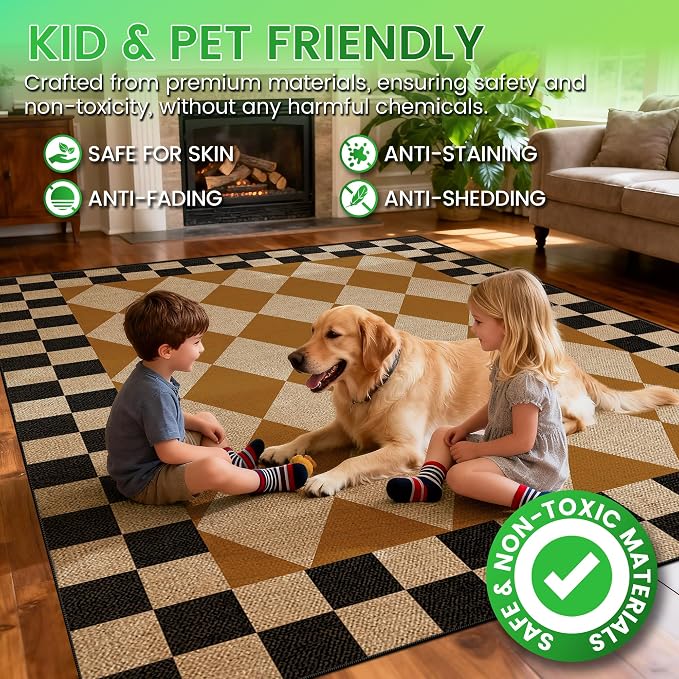 Washable Checkered Easy Jute Rug 8x10, Brown Black Checkerboard Geometric Modern Outdoor Indoor Patio Large Rug, Woven Thin Carpet Mat for Living Dining Play Room Bedroom Classroom Backyard