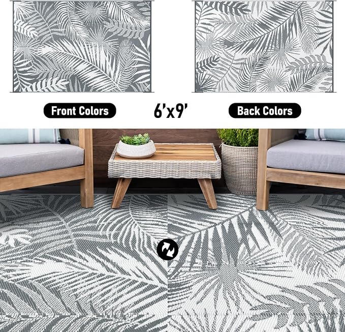 Outdoor Plastic Straw Rug - 6x9Ft Waterproof Reversible Patio Mat for Deck, Beach, RV, Camper, Backyard