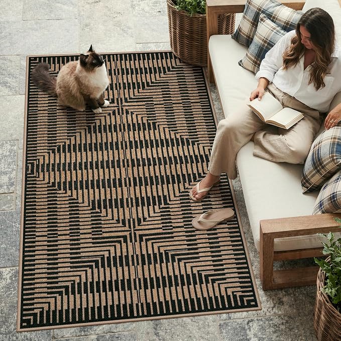 LIVEBOX Easy Jute 3x5 Outdoor Rug, Washable Non Slip Front Door Porch Rugs, Neutral Black Striped Accent Carpet Mat for Entryway, Mudroom (Black & Tan)