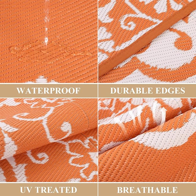 Pauwer Outdoor Rug 8x10, Waterproof Plastic Straw Camping Rug, Boho Orange | Reversible Patio Rug, UV Resistant Indoor Outdoor RV Mat Carpet For Deck, Camper, Porch, Balcony, Backyard, Picnic, Foldable