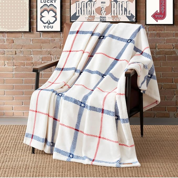 Lucky Brand 50" x 70" Plush Throw Blanket, Ditsy Star Plaid White Blanket for Sofa or Bed