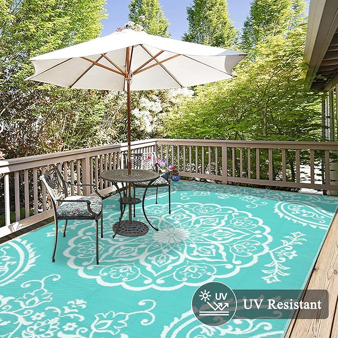 Pauwer Outdoor Rug 8x10, Waterproof Plastic Camping Rug, Boho Light Blue | Reversible Patio Rug, UV Resistant Indoor Outdoor RV Mat Carpet For Deck, Camper, Porch, Balcony, Backyard, Picnic, Foldable