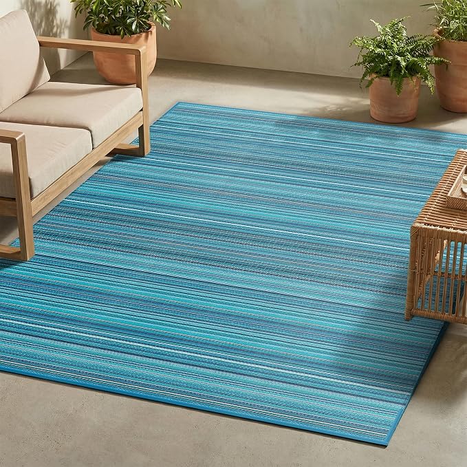 FH Home Outdoor Camping Rug - Waterproof, Fade Resistant, Reversible - Premium Recycled Plastic - Striped - Large Patio, Deck, Sunroom, RV - Havana - Turquoise - 9 x 12 ft Foldable