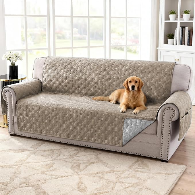 H.VERSAILTEX 100% Waterproof Couch Protector for Dogs Triple Non-Slip Couch Slipcover with Storage Pocket Thick Durable Sofa Covers Washable(XL Sofa, Taupe)