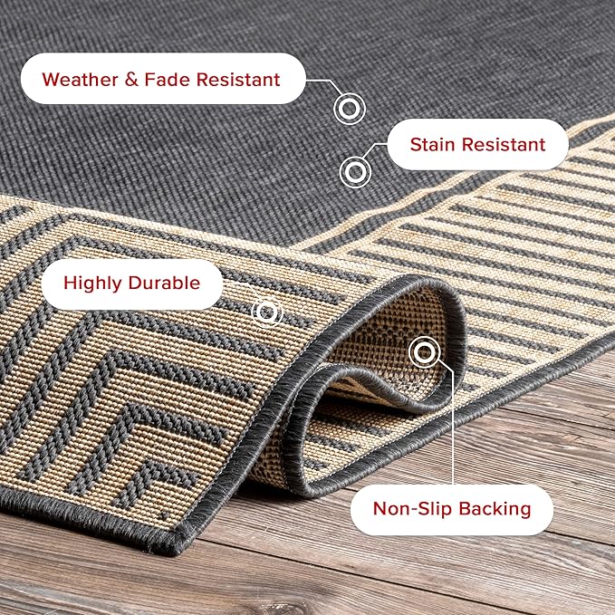 Nuloom Asha Dark Grey/Ivory, 6'7" x 9', Casual, Striped Border, Soft and Cozy, High Traffic, Stain Resistant, Easy Clean, Durable Area Rug for Indoor/Outdoor Patio, Deck, Porch, Garden, Courtyard