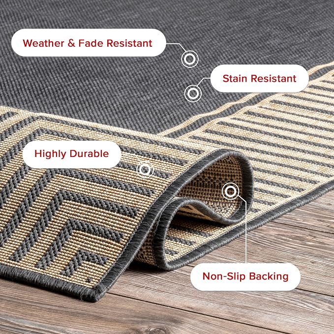 Nuloom Asha Dark Grey/Ivory, 4' x 6', Casual, Striped Border, Soft and Cozy, High Traffic, Stain Resistant, Easy Clean, Durable Area Rug for Indoor/Outdoor Patio, Deck, Porch, Garden, Courtyard