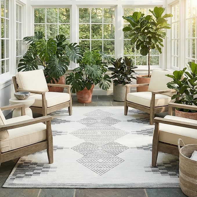 ReaLife Rugs Machine Washable Indoor Outdoor - Mat Rug Foldable Printed Thin Lightweight Cushioned Fade Resistant Patio Deck Dock Porch Pool Balcony Camping - Everly - Beige 6' x 9'