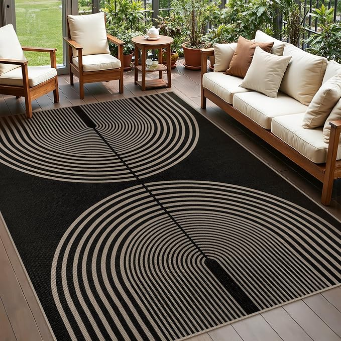 Rugalia Easy Jute 5x7 Outdoor Patio Rug, Washable Black Boho Rainbow Rugs for Living Room, Non-Slip Modern Farmhouse Outdoor Mat Neutral Abstract Floor Carpet for Patio Dining Room Backyard